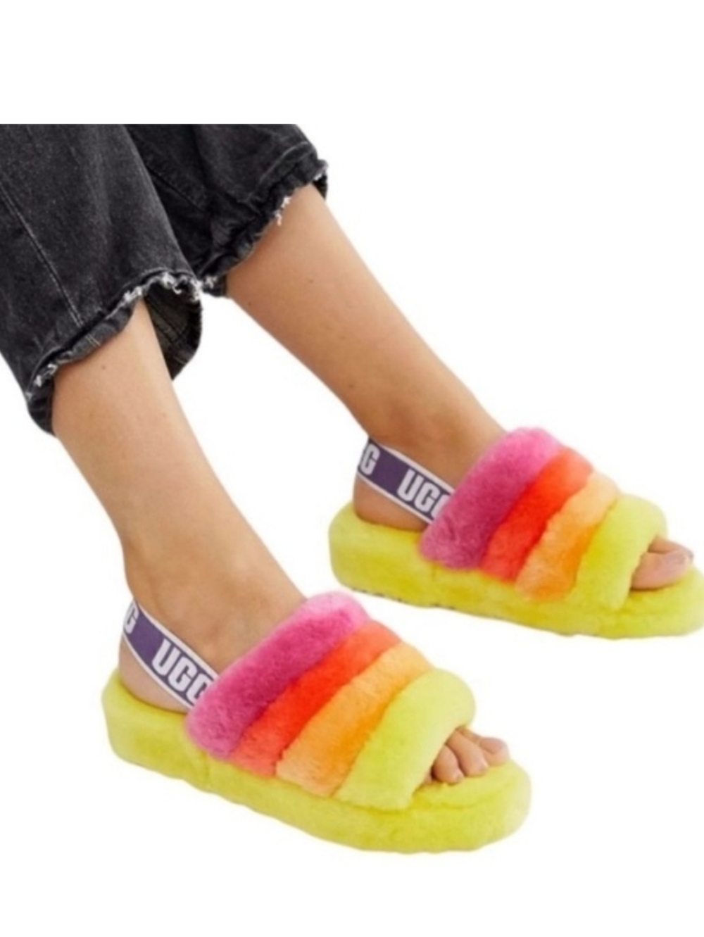 UGG Fluff Yeah Yellow Rainbow Sling Back Slippers